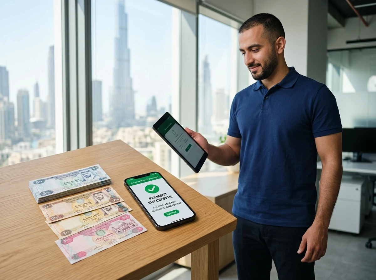 Instant payment options for selling phones in Dubai featuring physical UAE Dirham cash and immediate bank transfer confirmation