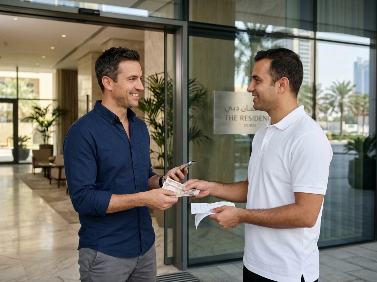 Satisfied male customer in Dubai receiving instant cash payment from a professional mobile buyer outside a luxury residence
